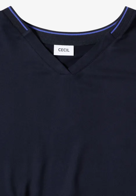Kurzarm Blusenshirt mit Strukturmix urban dark blue Dunkelblaues V-Neck-Shirt mit CECIL-Label am Kragen