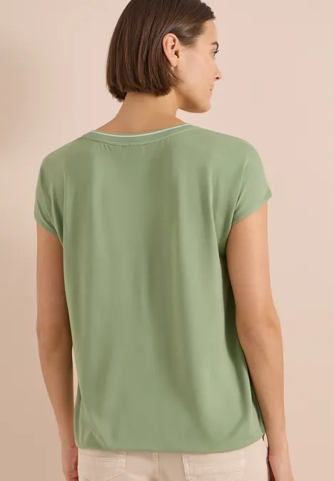 Kurzarm Blusenshirt mit Strukturmix deep matcha green Frauen-T-Shirt kurzärmelig in Grün, Rückansicht