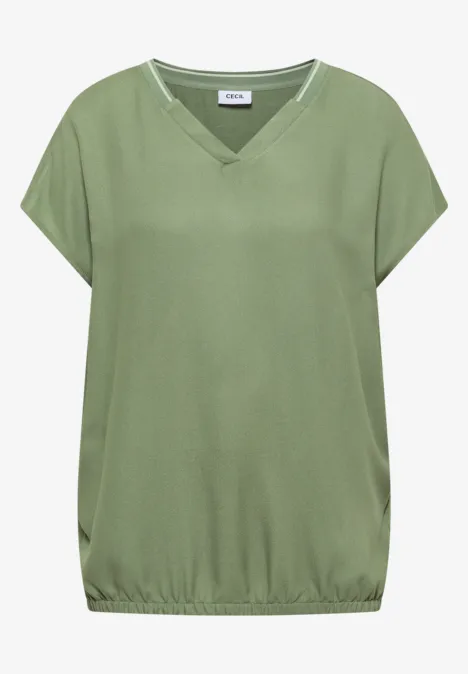 Kurzarm Blusenshirt mit Strukturmix deep matcha green Olivgrünes V-Shirt mit kurzen Ärmeln, lockerem Schnitt und elastischem Saum