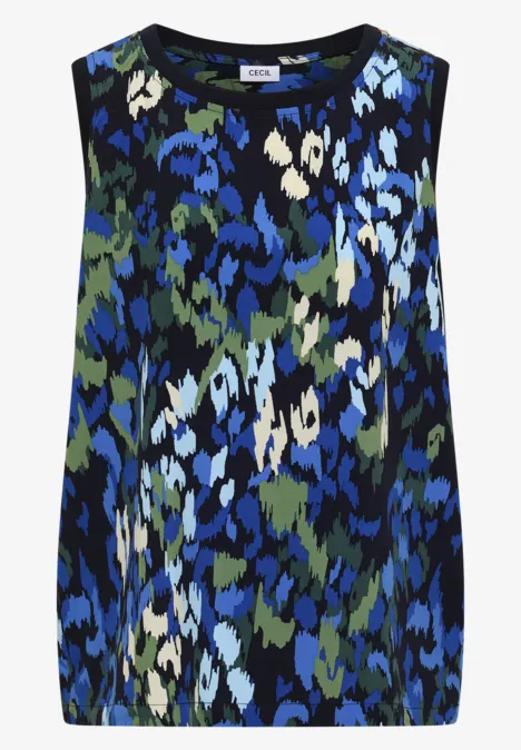 Ärmelloses Top mit abstraktem Camouflage-Muster in Blau-, Grün- und Weißtönen.