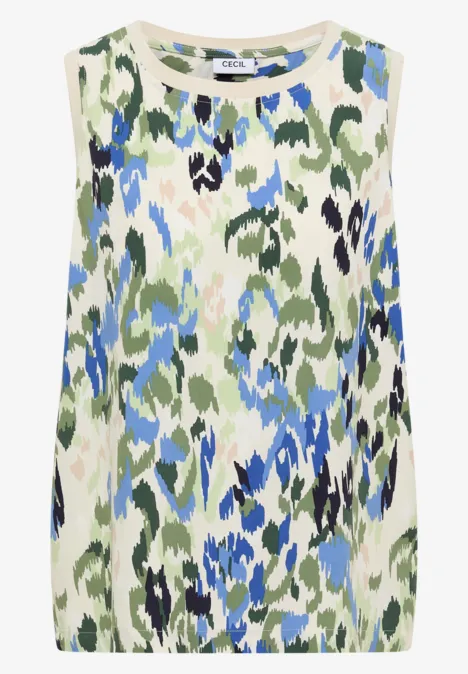 Ärmelloses Top mit abstraktem Camouflage- und Blumenmuster in Blau, Grün und Beige