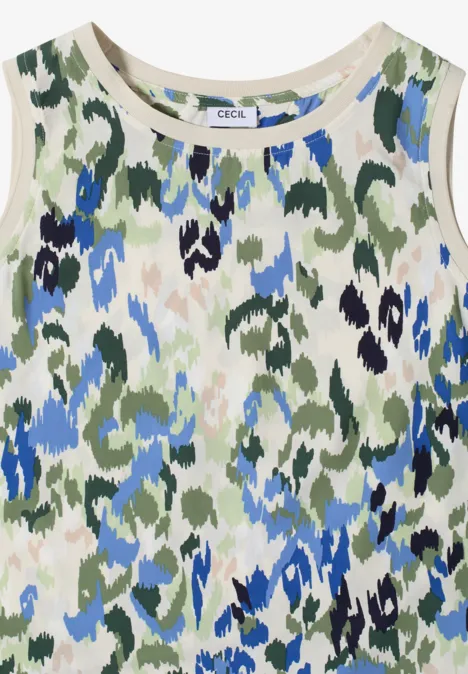 Ärmelloses Top mit abstraktem Camouflage-Muster in Blau-, Grün- und Weißtönen.