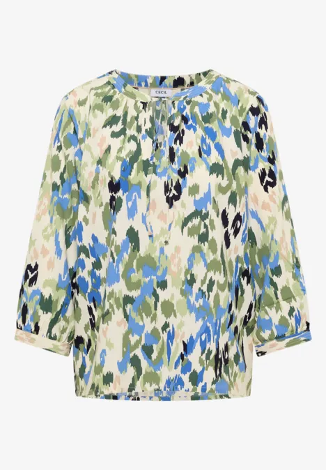 Leichte Bluse mit grün-blauem Camouflage-Muster und lockerer Passform.