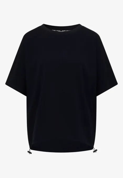 Dropped Shoulder Blusenshirt in Unifarbe urban dark blue Schlichtes schwarzes T-Shirt mit kurzen Ärmeln und Kordelzug am Saum.