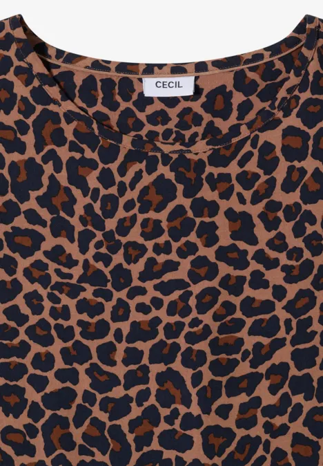 Braunes T-Shirt mit schwarzem Leopardenmuster und Rundhalsausschnitt, Marke CECIL