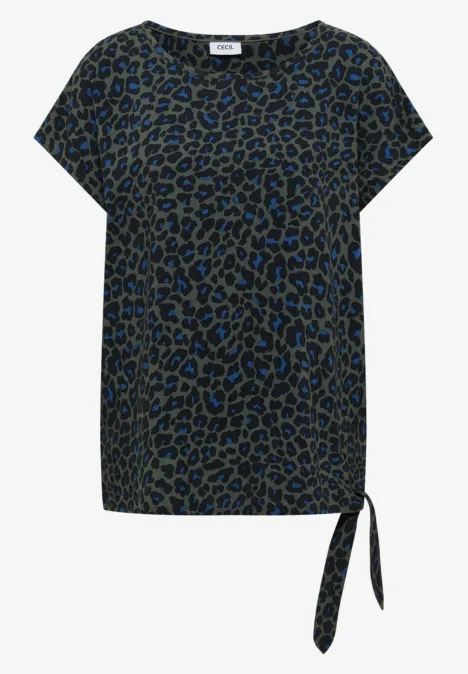 Damen-T-Shirt mit kurzärmligem Leopardenmuster und seitlicher Schleife.