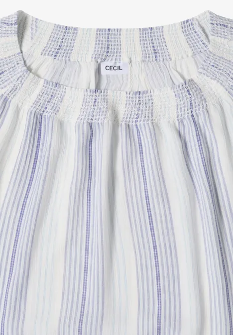 Carmen-Bluse mit Streifenmuster deep river blue Weiße Bluse mit violetten Streifen und smocked Bündchen, lockerer Damenshirt von CECIL.
