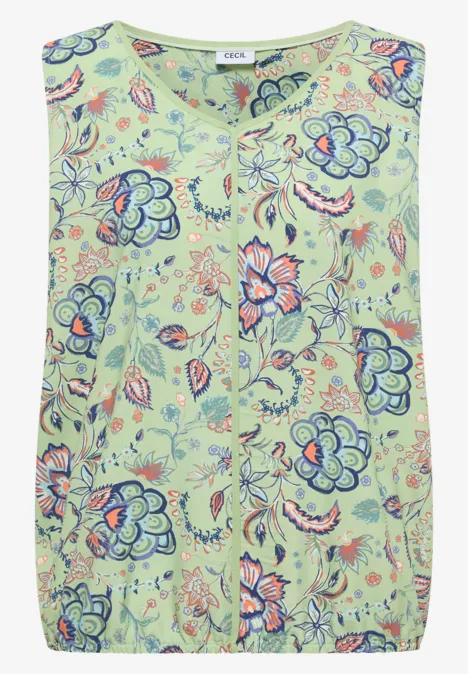 Blusentop mit V-Neck und Print raw matcha lime Ärmellose Bluse mit pastellgrünem Hintergrund und buntem Blumenmuster.