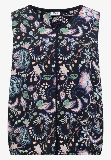 Ärmelloses, dunkelblaues Top mit elliptischem Blumenmuster in Pastellfarben und leicht gerafftem Saum.