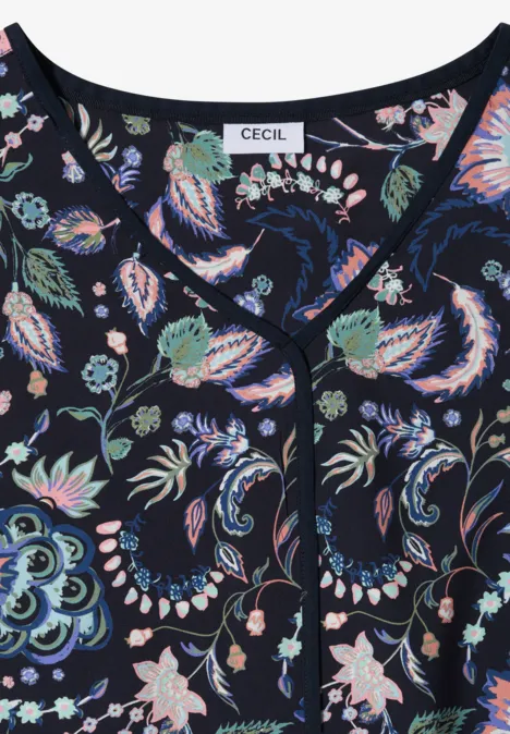Dunkelblaue Damenbluse mit buntem Blumen- und Paisley-Muster, V-Ausschnitt, Knopfleiste, Marke CECIL.