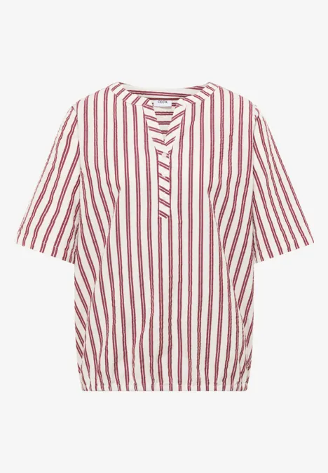 Halbarm Bluse mit Split Neck und Streifen russet red Locker geschnittene Bluse mit roten und weißen Streifen, kurzem Arm und Knopfleiste.