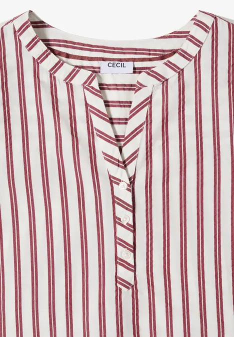 Halbarm Bluse mit Split Neck und Streifen russet red Weißes, ärmelloses Damenoberteil mit roten Vertikalstreifen und V-Ausschnitt mit Knopfleiste.
