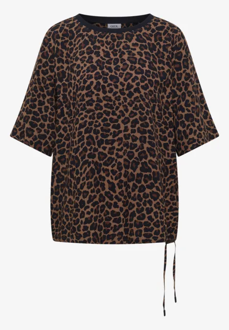 Damen-T-Shirt in schwarzem Leo-Muster mit halblangen Ärmeln und Tunnelzug am Saum