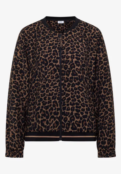 Bruine gebreide cardigan met zwart luipaarddessin, knoopsluiting, ronde hals en lange mouwen.