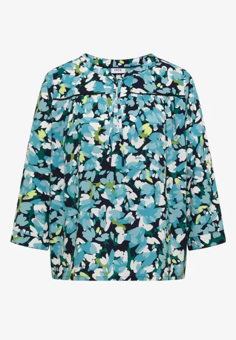 3/4-Arm Tunika mit Split Neck und Print urban dark blue Lockere Damenbluse mit 3/4-Ärmeln und abstraktem Blumenmuster in Blau-, Grün- und Weißtönen.