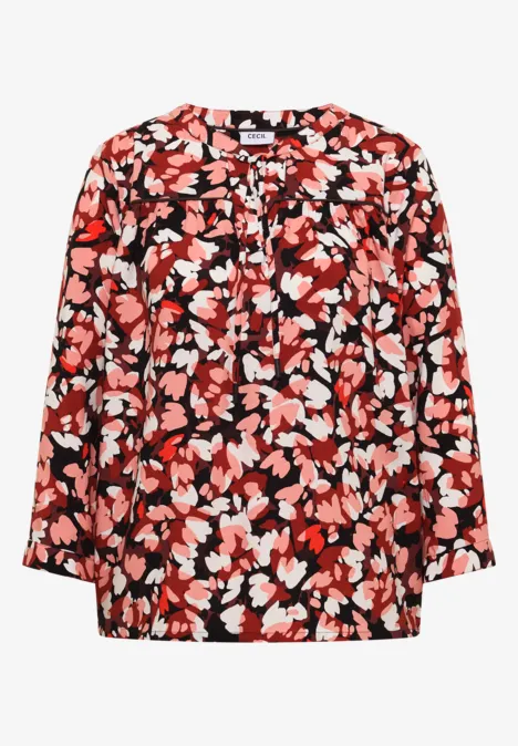 3/4-Arm Tunika mit Split Neck und Print russet red Rote, locker geschnittene Bluse mit abstraktem Blumenmuster in Weiß und Rosa.