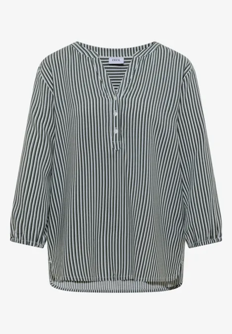 3/4-Arm Bluse mit Split Neck und Streifen khaki Locker geschnittene Damenbluse mit schwarz-weiß gestreiftem Muster, V-Ausschnitt und 3/4-Ärmeln.