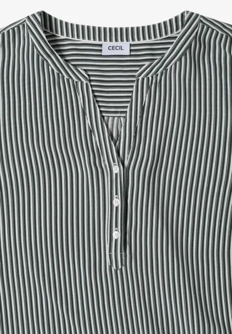 3/4-Arm Bluse mit Split Neck und Streifen khaki Damenbluse mit schwarz-weißen Streifen, V-Ausschnitt und Knopfleiste