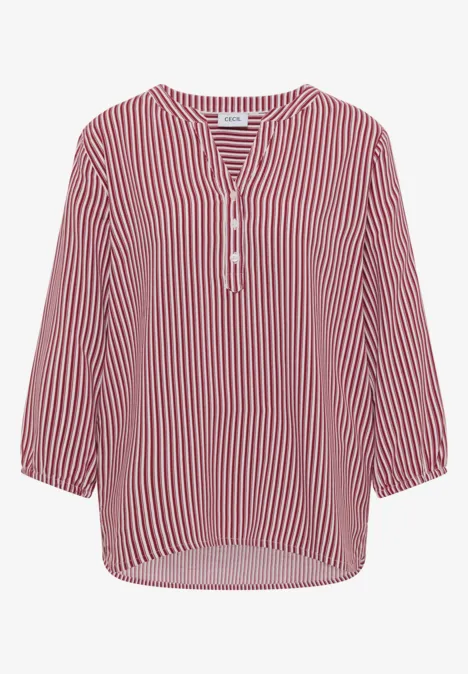 3/4-Arm Bluse mit Split Neck und Streifen russet red Rote-weiß gestreifte Bluse mit 3/4-Ärmeln, lockerer Passform und zierlicher Knopfleiste