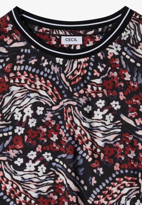 Damen-Shirt von CECIL mit schwarzem Grund, rot-weiß-blauem Blumen- und Streifenmuster sowie Knoten-Detail vorn.