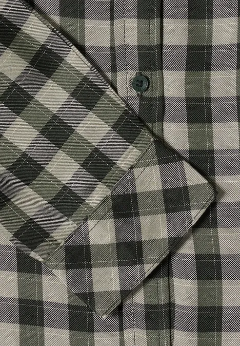 Overhemd met lange mouwen en ruitjespatroon khaki Graues kariertes Hemd mit Knopfdetail in Nahaufnahme.