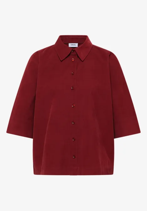 Chemisier à manches courtes uni russet red Bordeauxrotes Cord-Hemd mit 3/4-Ärmeln und Knopfleiste