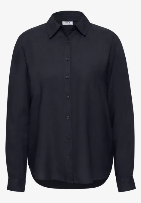 Zwarte blouse met lange mouwen, klassieke kraag en knoopsluiting, afgeronde zoom.