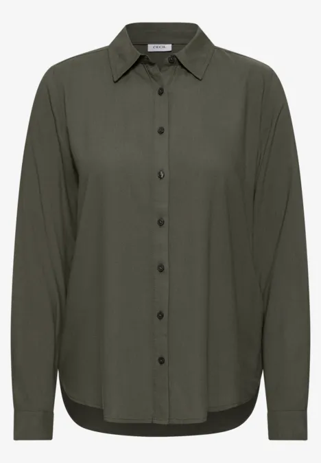 Dunkelgrüne, langärmlige Hemdbluse mit Knopfleiste und klassischem Kragen.