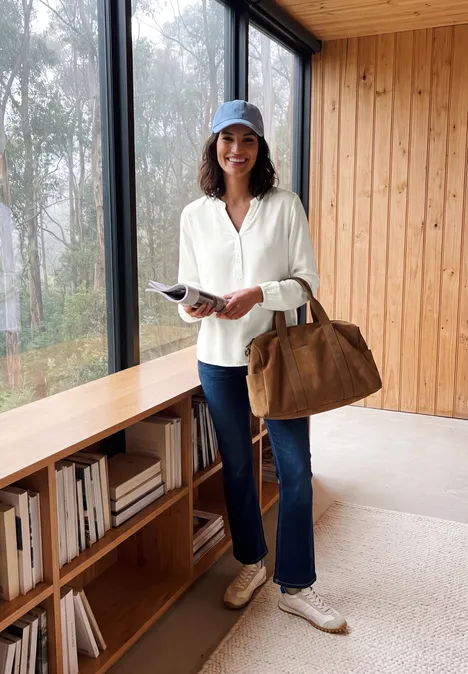 Femme en polo blanc, jeans et chapeau bleu lit un livre près d'une étagère en bois, dos à la fenêtre.