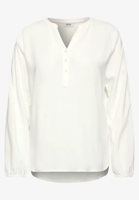 Blouse blanche à manches longues, col en V avec patte de boutonnage, style simple et élégant.