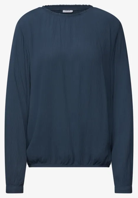 Langarm Bluse mit Rundhals und Smokdetail moonlight blue Dunkelblaue, langärmlige Bluse mit Rundhalsausschnitt und leicht gerafftem Saum