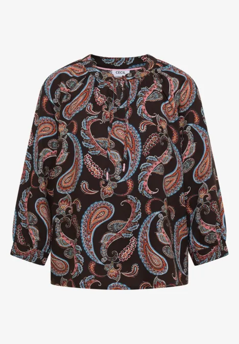 Schwarze, langärmlige Bluse mit buntem Paisley-Muster