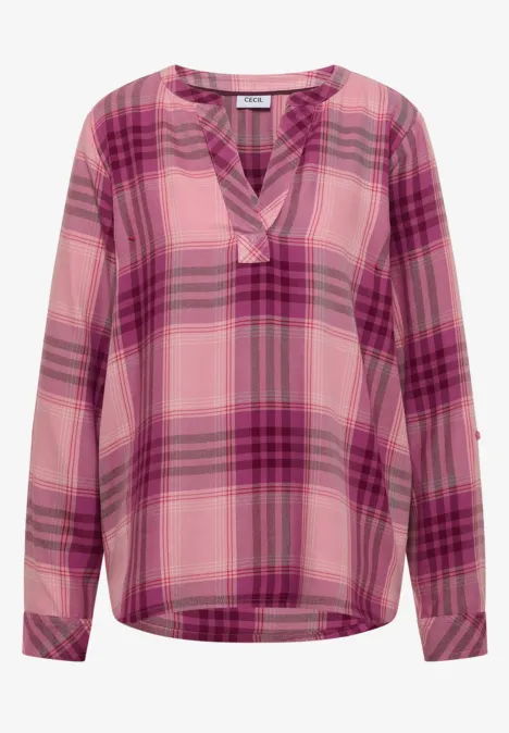 Langarm Tunika mit Karomuster velvet rose Rosa karierte Damenbluse mit V-Ausschnitt und langen Ärmeln