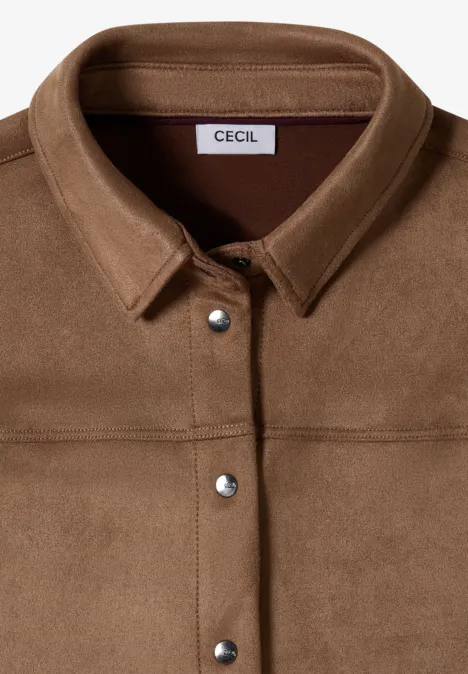 Velours Hemdbluse mit Tapedetails creamy mocha Braunes Wildlederhemd mit Kragen und silbernen Druckknöpfen von Cecil.