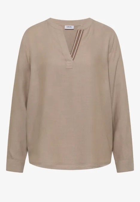 Beige Bluse mit V-Ausschnitt und langen Ärmeln