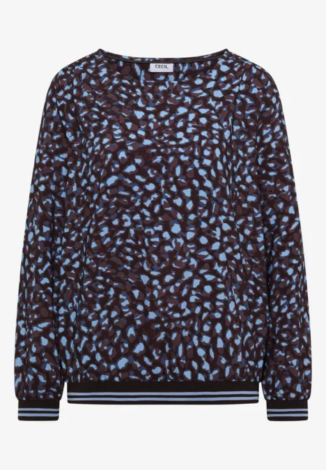 Dunkelblauer langärmliger Pullover mit hellblauem abstrakten Muster und gestreiften Bündchen.