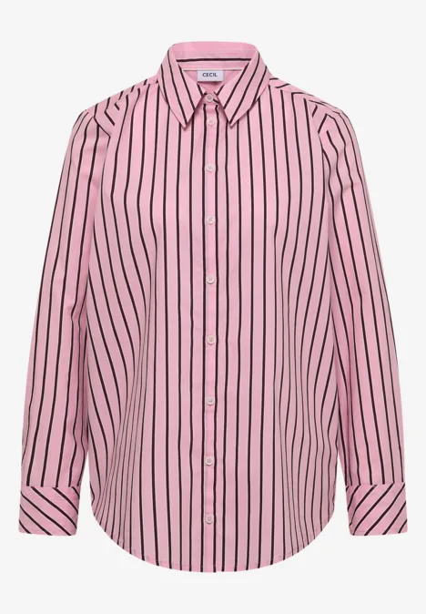 Damenbluse in Rosa mit dunkelblauen vertikalen Streifen, Hemdblusenschnitt und Knopfleiste