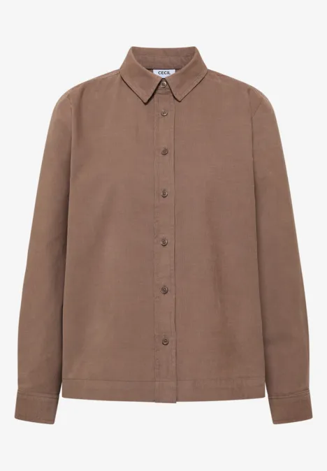 Braune Hemdjacke mit Kragen, durchgehender Knopfleiste und langen Ärmeln.