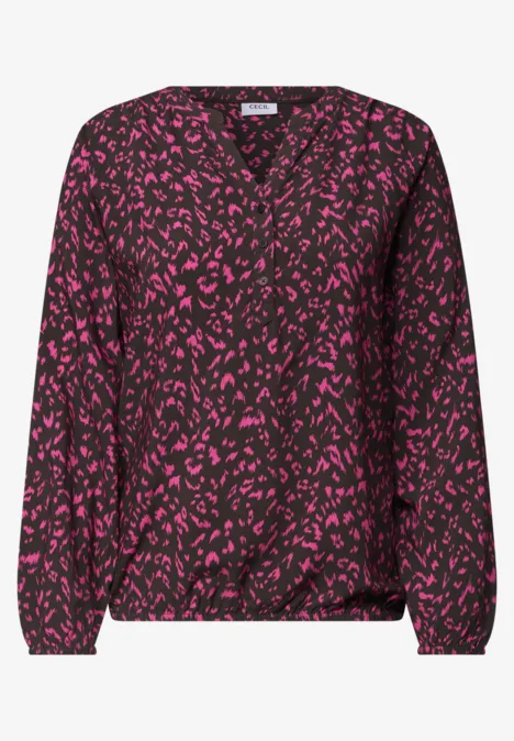 Tuniek met lange mouwen, split in de hals en print truffle brown Donkerpaarse blouse met roze bladprint, V-hals, lange mouwen en elastische zoom