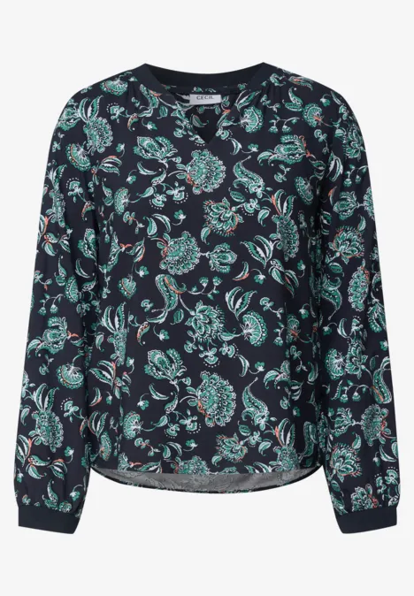 Blouse met lange mouwen, split in de hals en print urban dark blue Donkere bloes met turquoisegroen bloemmotief