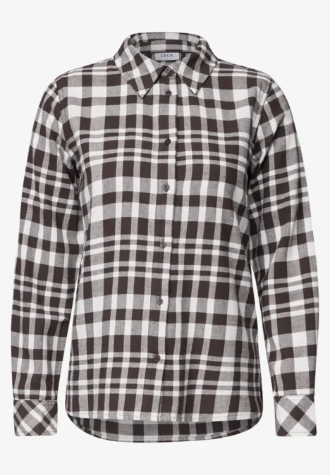 Langarm Flanell Bluse mit Karomuster truffle brown Langärmliges kariertes Hemd in Schwarz-Weiß mit Knopfleiste.