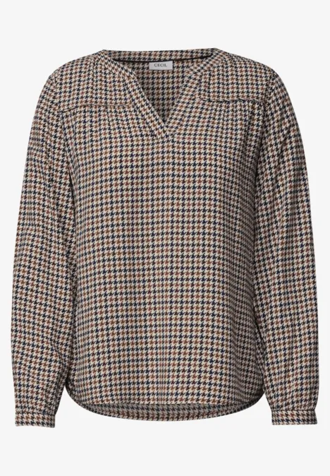 Tuniek met lange mouwen, split in de hals en print mocha brown Damesblouse met V-hals, lange mouwen, elastische manchetten, ruitpatroon in beige en zwart