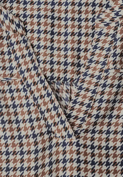Tuniek met lange mouwen, split in de hals en print mocha brown Houndstooth-patroon in bruin, zwart, wit en blauw