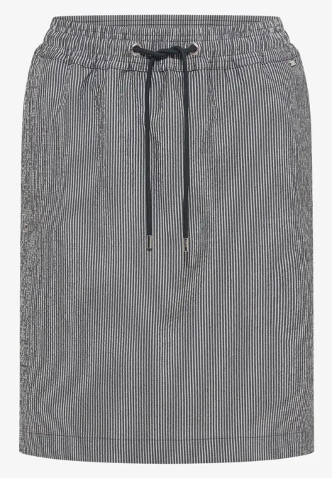 Grauer, knielanger Rock mit elastischem Bund, schwarzem Kordelzug und schlichtem Design.