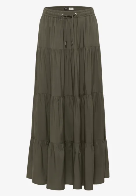 Maxirock in Olivgrün mit Stufen und Kordelzugbund.