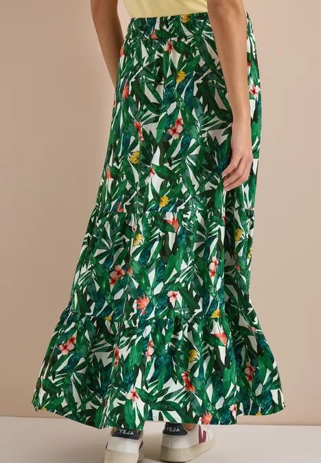Groene maxi-rok met tropische bladprint, kleurrijke bloemen en gelaagde volantdetails