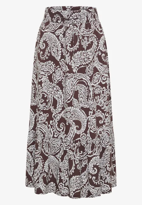 Jupe longue à motifs floraux brown cacao Jupe midi marron à imprimé cachemire crème, coupe évasée fluide en viscose légère.