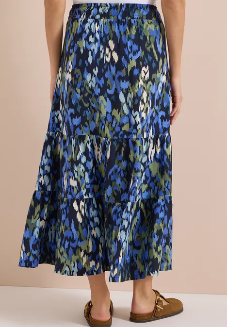 Maxirock mit Volants und Print urban dark blue Midi-Rock mit abstraktem blau-grünem Blumenmuster und Stufen-Design