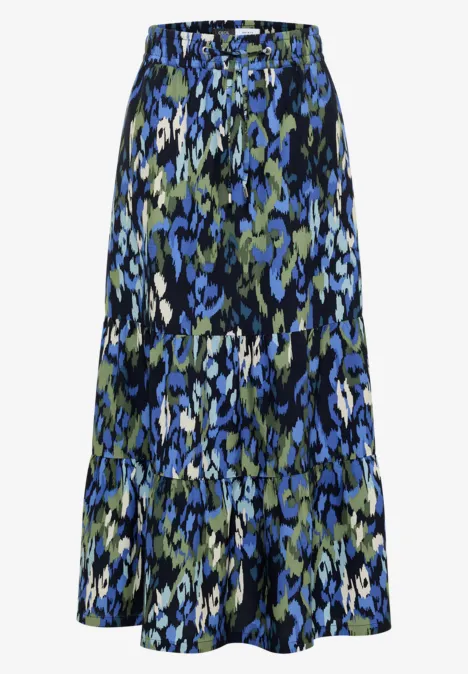 Maxirock mit Volants und Print urban dark blue Midirock mit dreistufigem Volant und abstraktem Blumenmuster in Blau, Oliv, Schwarz und Weiß.