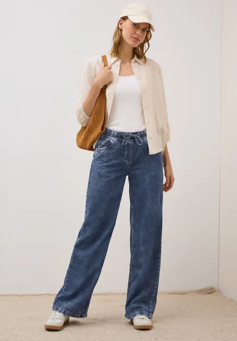 Wide Legs jeans met trekkoord mid blue wash